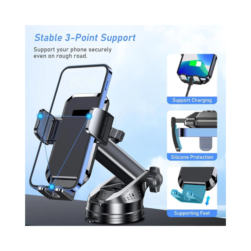 Universal 3-in-1 Car Phone Mount - Windscreen, Dashboard & Air Vent Holder for iPhone & Mobile Devices with Minimalist Design