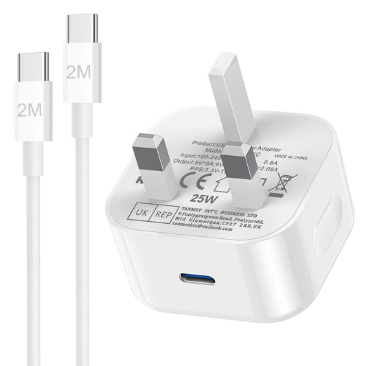 Samsung 25W Fast Charger with 2M USB-C Cable - Compatible with Samsung Galaxy S25 S24/S23 fe/S22/S21+/S20/A55/A54/A15/A14/A13/A35/A34/A33/A52/A53/A05S/A04S/A23/A24/A56 Series - PD Fast Charging Plug and Lead Set