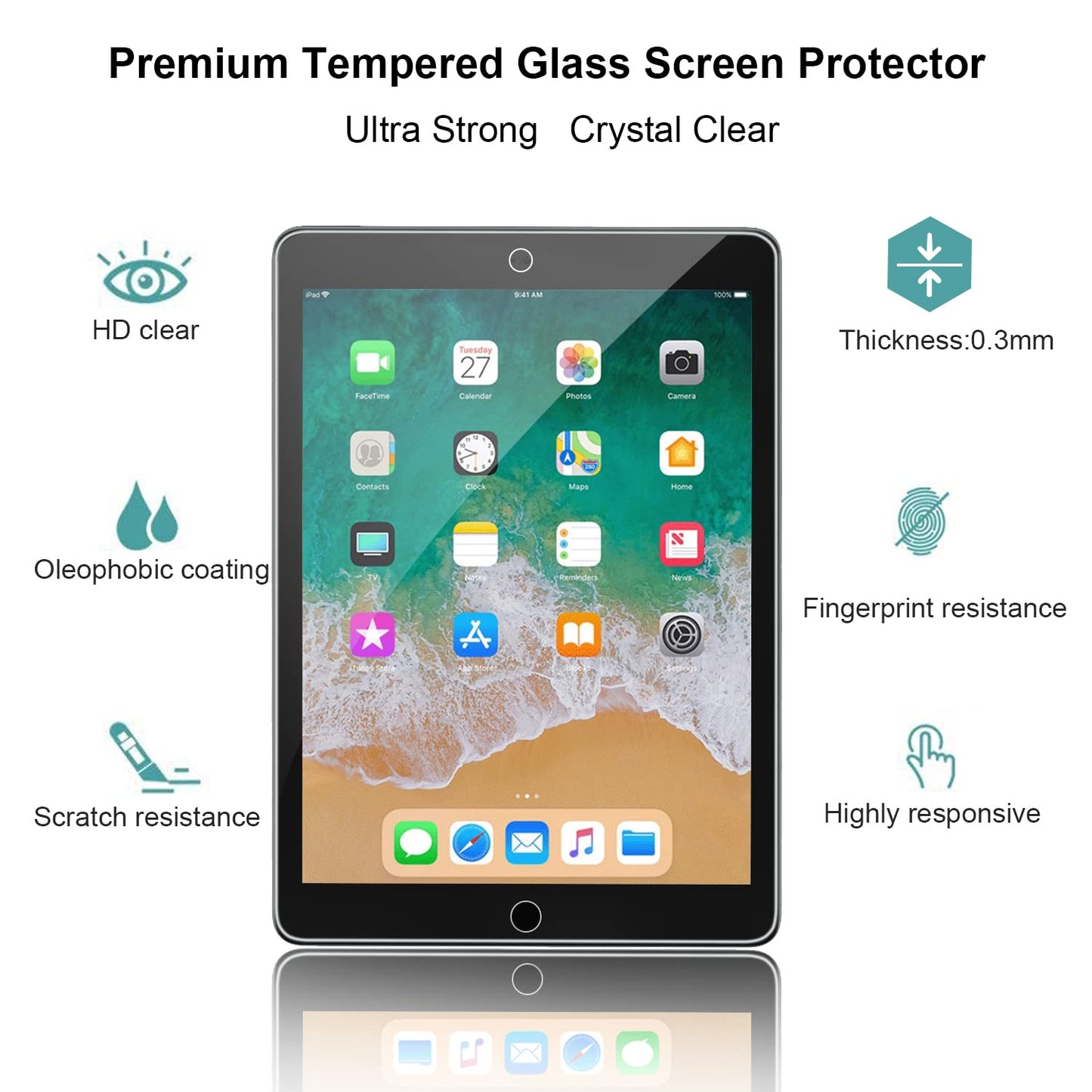 2 Pack Anti Scratch iPad/ iPad Pro 9.7" Screen Protector - Ultra Clear Tempered Glass for iPad Air 1/Air 2/Pro/6th/5th Gen