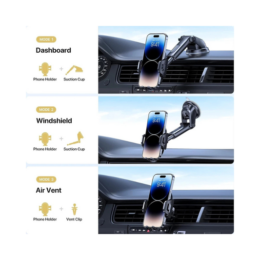 Universal 3-in-1 Car Phone Mount - Windscreen, Dashboard & Air Vent Holder for iPhone & Mobile Devices with Minimalist Design