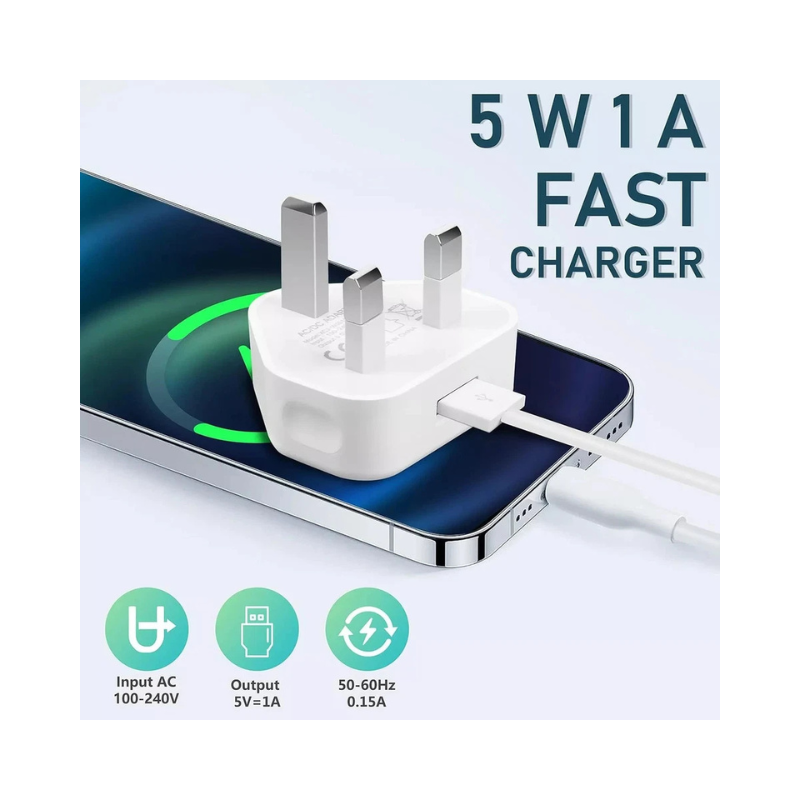 UK 3-Pin Mains Wall Charger - Single Port USB Adapter for iPhone, Smartphones & Tablets