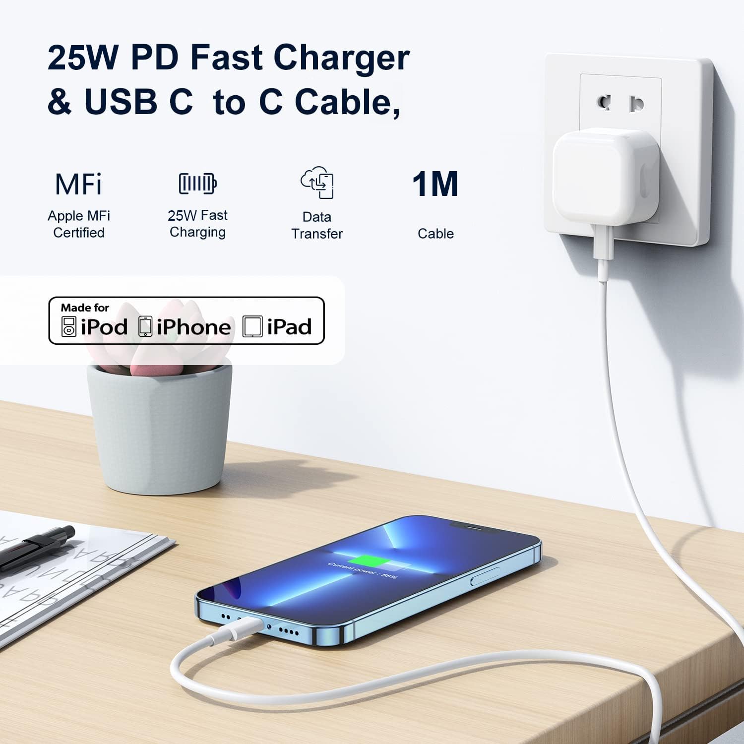 iPhone 16 Charger - Apple 15 USB C Fast Charger Cable and Plug 25W Super Quick Charge for New iPhone 16e 16 Plus 16 Pro 16 Pro Max 15 Plus 15 Pro Max - 1M Rapid Type C to USBC Charging Lead and Head
