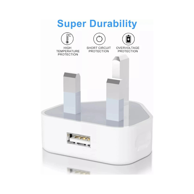 UK 3-Pin Mains Wall Charger - Single Port USB Adapter for iPhone, Smartphones & Tablets