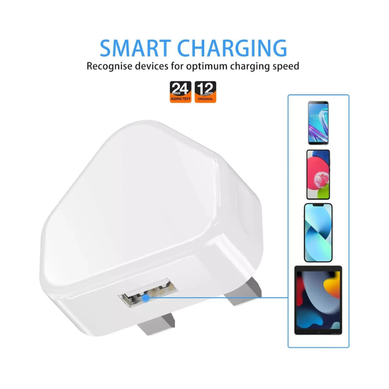 UK 3-Pin Mains Wall Charger - Single Port USB Adapter for iPhone, Smartphones & Tablets