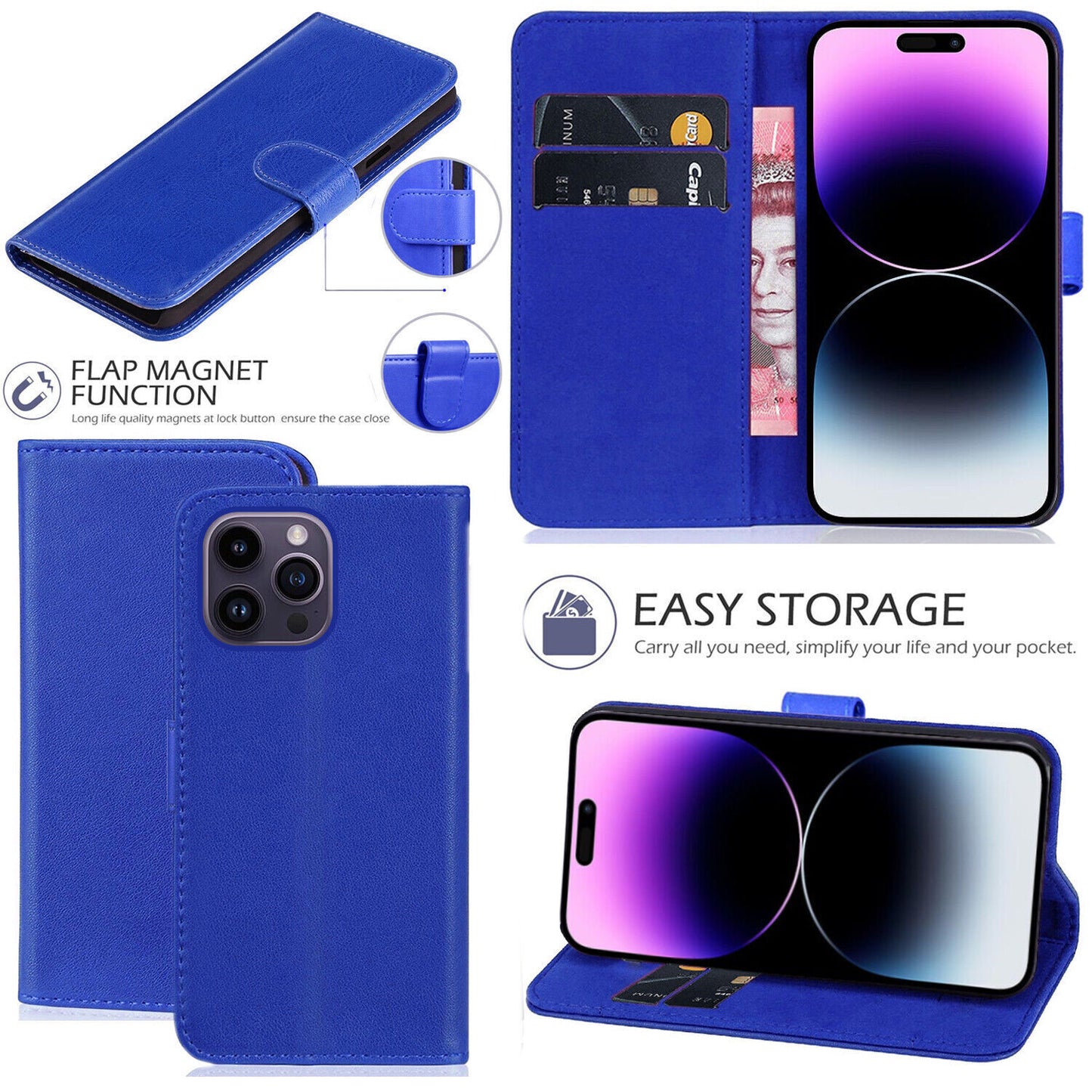 iPhone 16e / 16/15/14/13/12/11 (Pro/Pro Max/X/XS/XR/SE) Leather Wallet Case - Magnetic Flip Cover with Card Slots & Kickstand