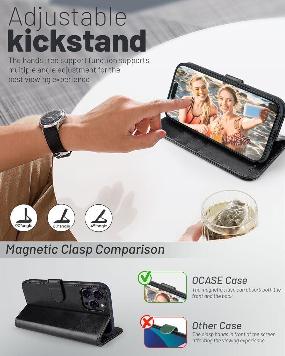 iPhone 16e / 16/15/14/13/12/11 (Pro/Pro Max/X/XS/XR/SE) Leather Wallet Case - Magnetic Flip Cover with Card Slots & Kickstand