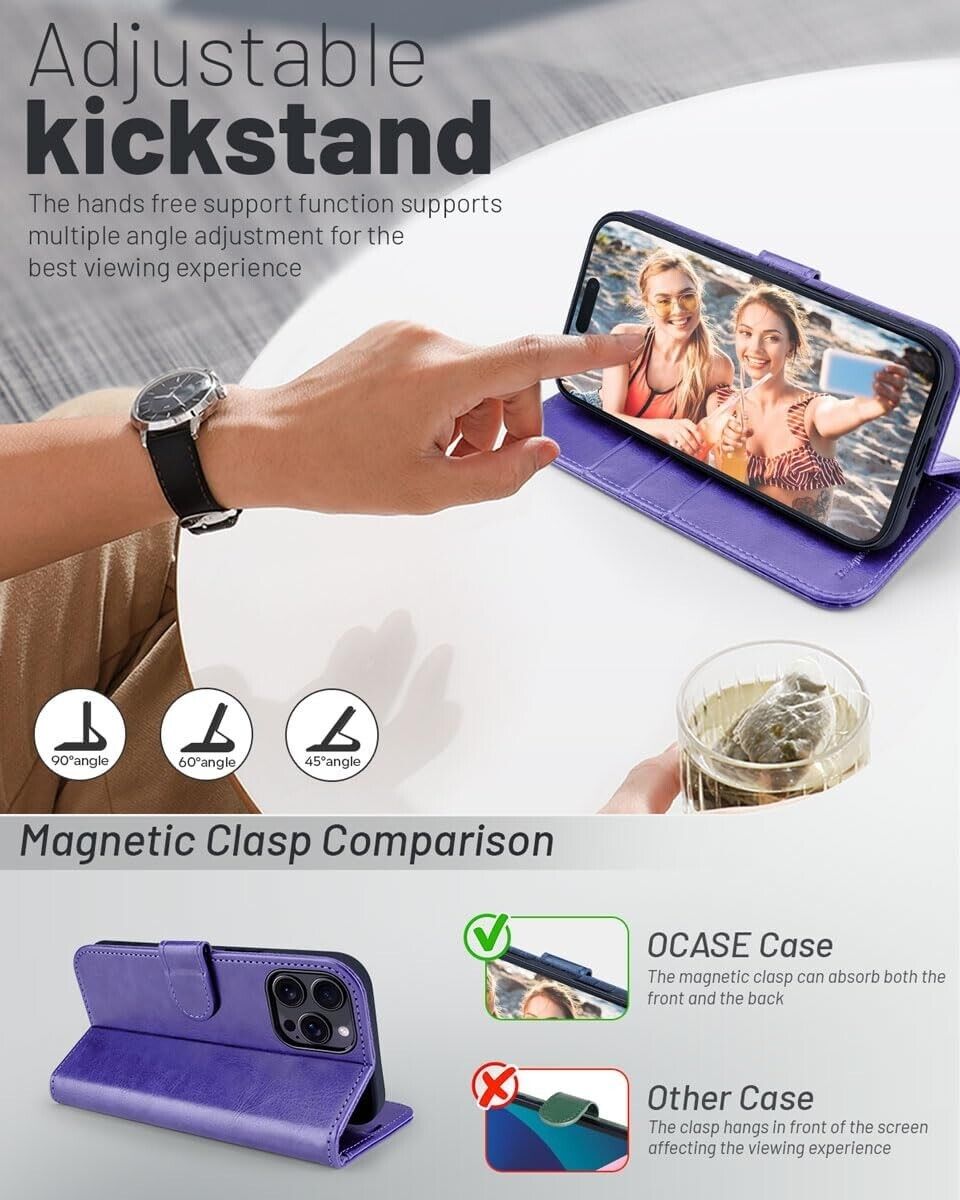 iPhone 16e / 16/15/14/13/12/11 (Pro/Pro Max/X/XS/XR/SE) Leather Wallet Case - Magnetic Flip Cover with Card Slots & Kickstand