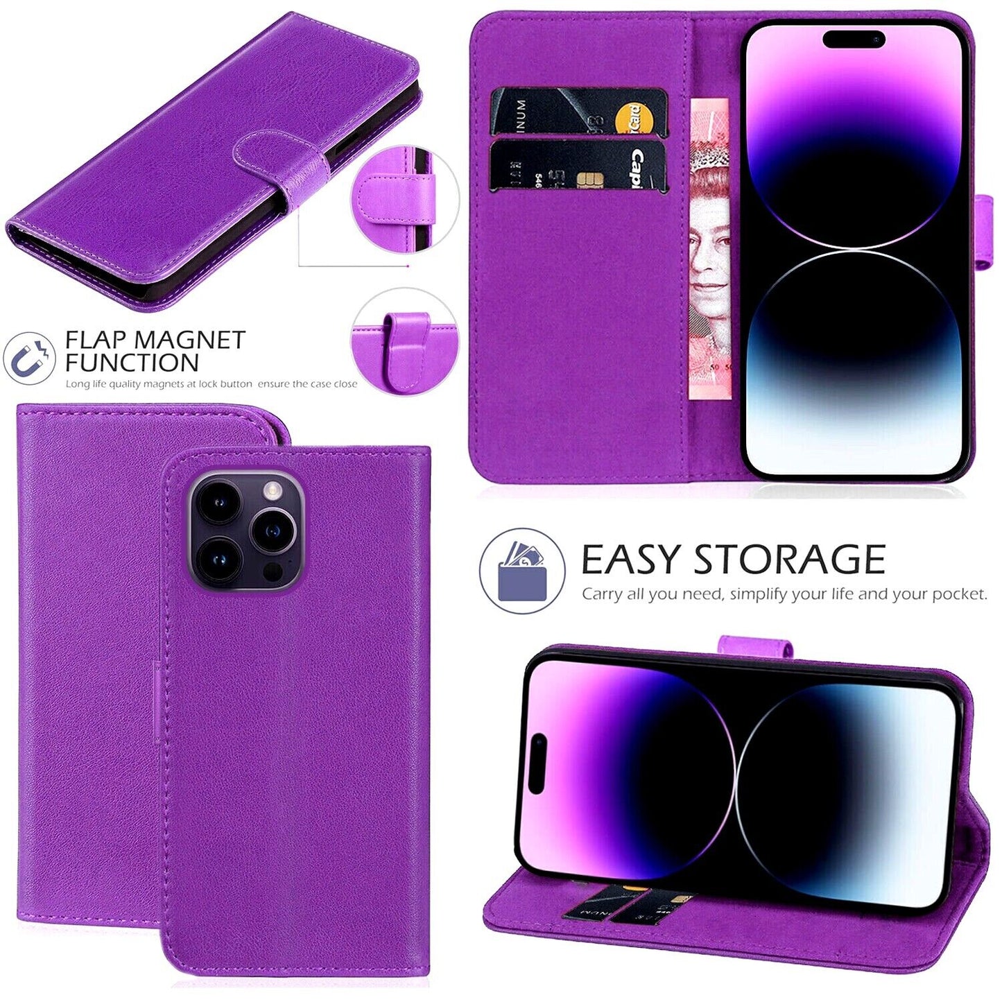 iPhone 16e / 16/15/14/13/12/11 (Pro/Pro Max/X/XS/XR/SE) Leather Wallet Case - Magnetic Flip Cover with Card Slots & Kickstand