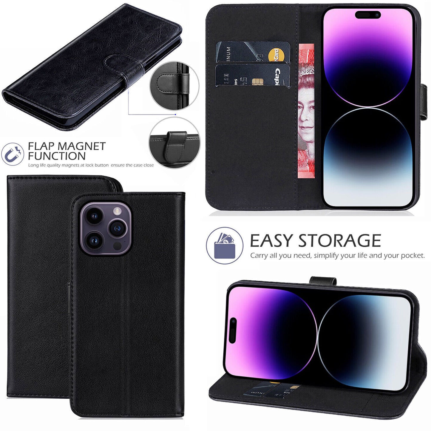 iPhone 16e / 16/15/14/13/12/11 (Pro/Pro Max/X/XS/XR/SE) Leather Wallet Case - Magnetic Flip Cover with Card Slots & Kickstand
