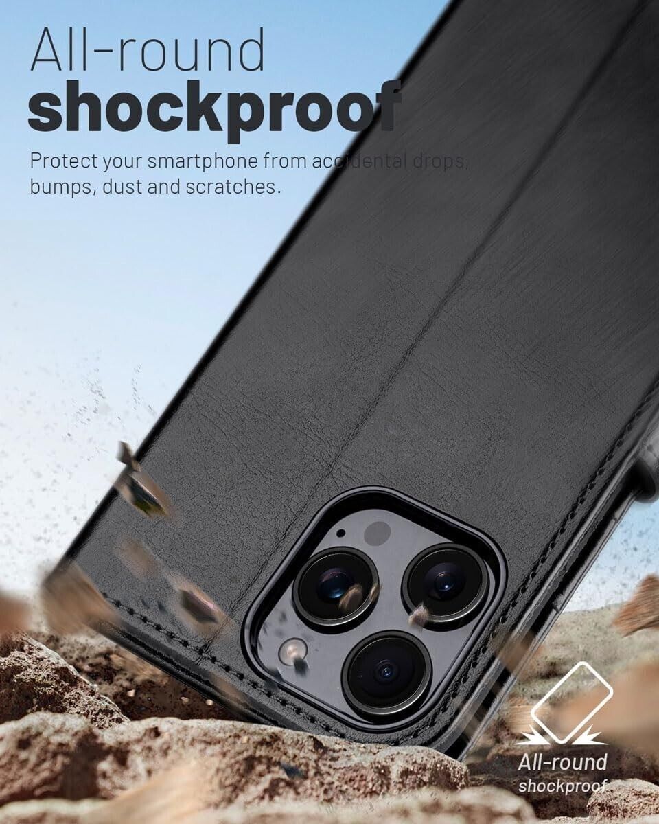 iPhone 16e / 16/15/14/13/12/11 (Pro/Pro Max/X/XS/XR/SE) Leather Wallet Case - Magnetic Flip Cover with Card Slots & Kickstand